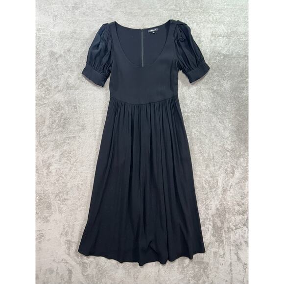 Madewell Puff-Sleeve Scoop Midi Dress Black Womens Size 4 Classic Office - Picture 2 of 8
